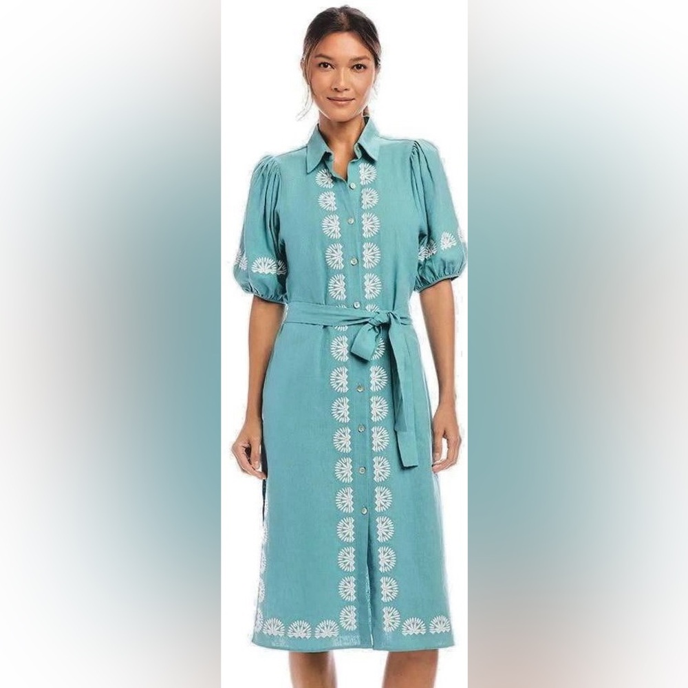 Karen Kane Teal Embroidered Shirt Midi Dress